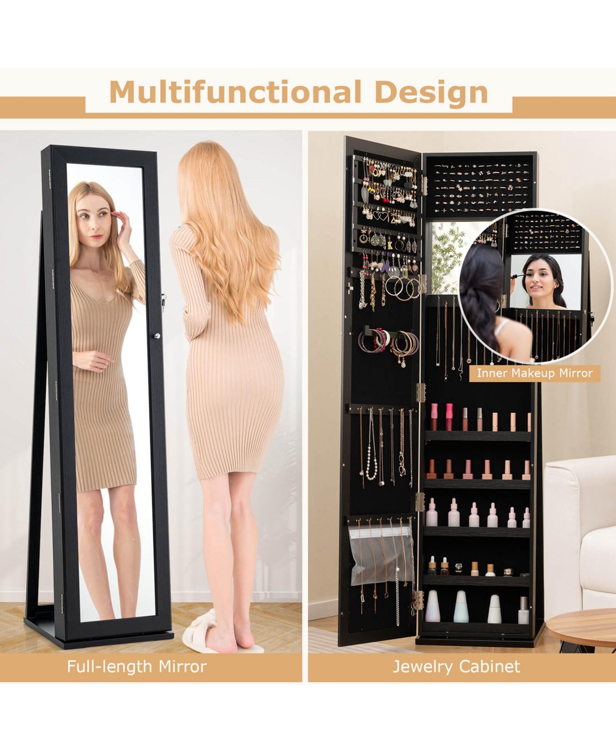 Costway Mirrored Jewelry Cabinet Armoire Lockable Standing Storage Organizer with Shelf