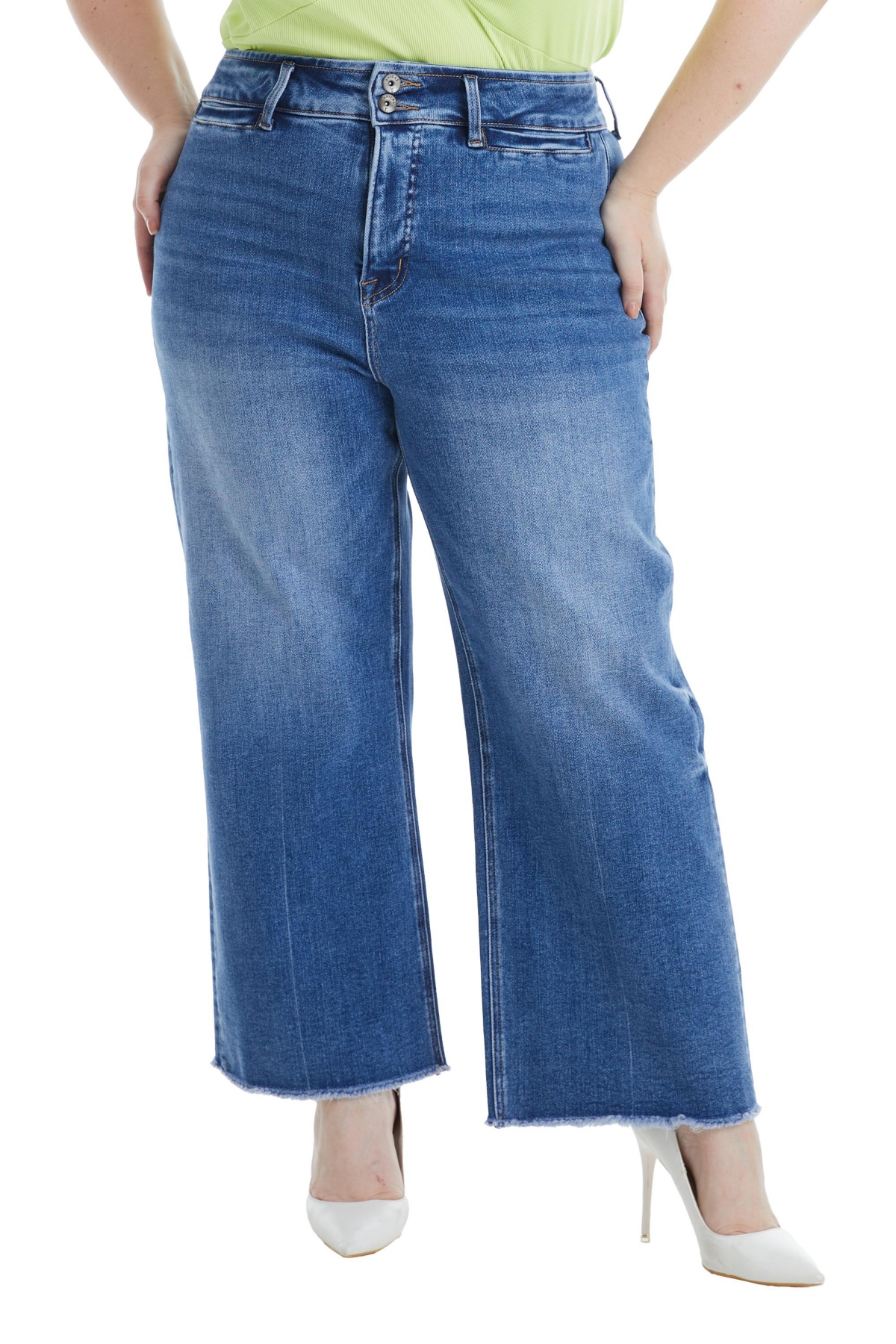 Bayeas Plus Size High Rise Wide Leg Jeans With Raw Hem In Medium Blue