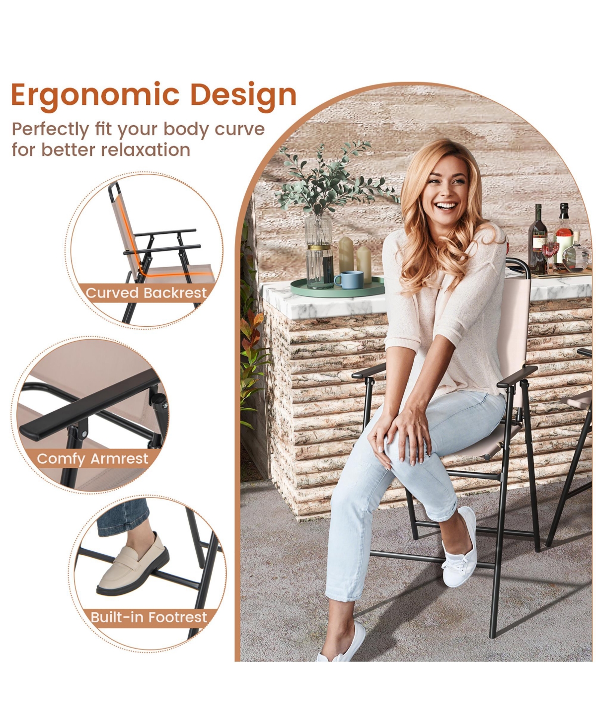 Gymax Outdoor Folding Bar Chair Set of 2 Patio Dining Chairs w/ Breathable Fabric - beige+black