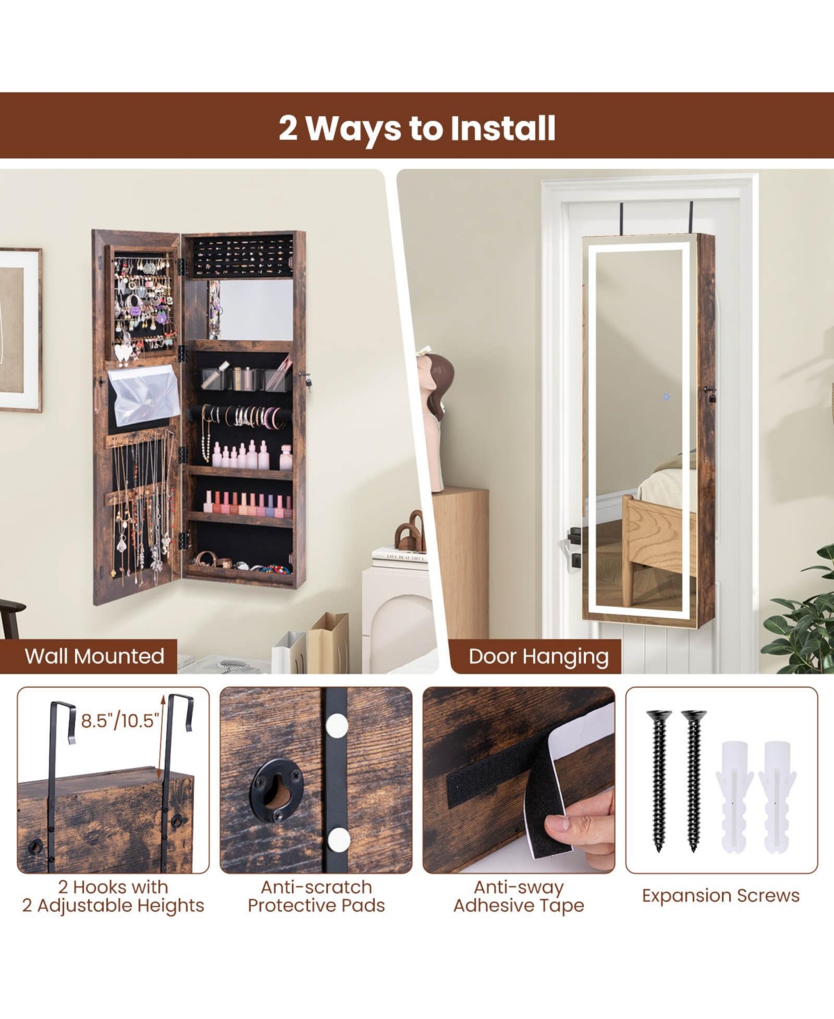 Costway Led Mirror Jewelry Cabinet Wall/Door Mounted Armoire 3 Color
