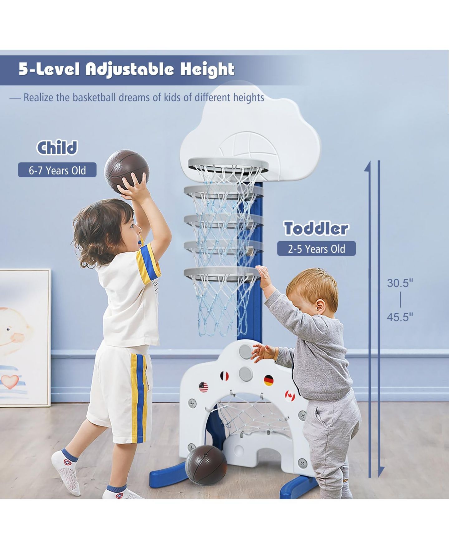 Детские игрушки HONGGE 3-in-1 Adjustable Basketball Hoop Set, Ages 3+ — фото 4