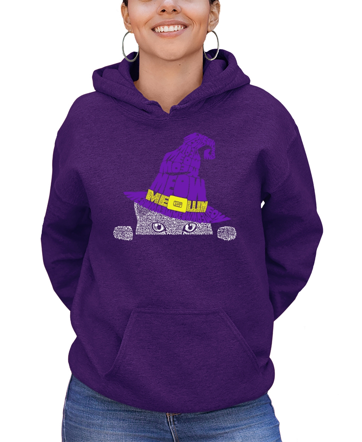 LA POP ART WOMEN'S PEEKING WITCH CAT WORD ART HOODED SWEATSHIRT 