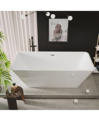 66" Acrylic Freestanding Bathtub, Square Contemporary Soaking Tub with Chrome Drain & Linear Overflow, CUPC Certified
