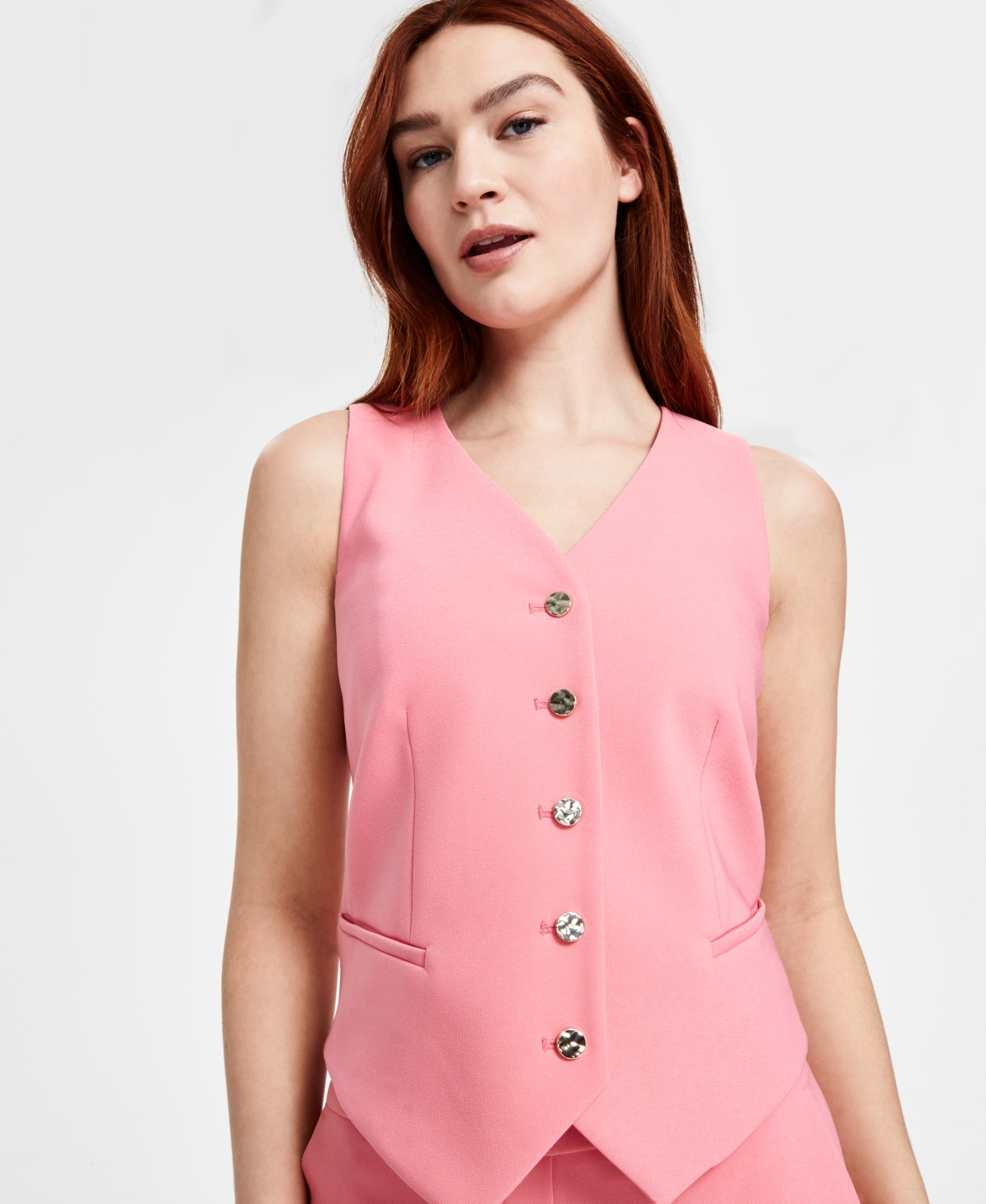 ANNE KLEIN WOMEN'S FIVE-BUTTON SLEEVELESS V-NECK VEST 