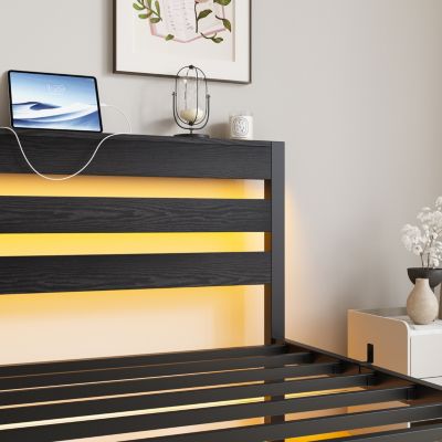 Heavy-Duty Platform Bed Frame with Headboard & LED