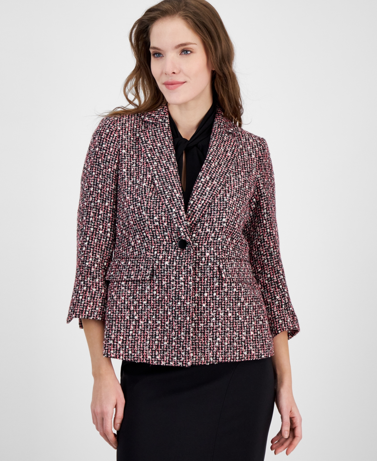 Shop Anne Klein Women's Notched-collar Single-button 3/4-sleeve Jacket In Anne Black Multi
