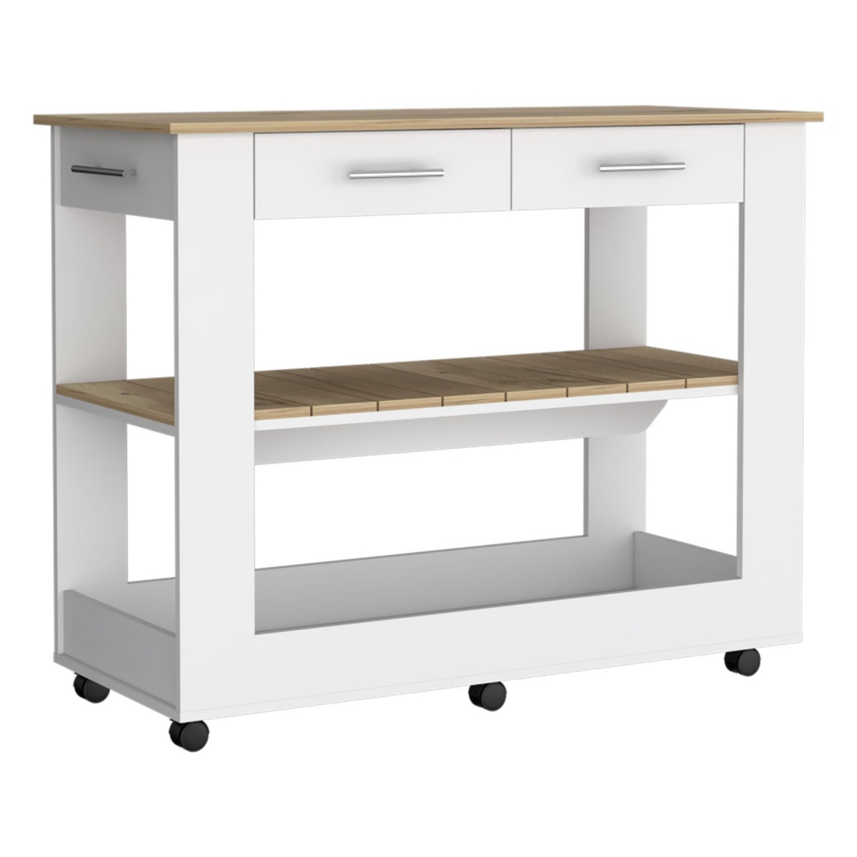 Depot E-Shop Delos Kitchen Island H, Six Casters, Two Drawers, Two Open Storage Shelves, Towel Hanger -/ light oak