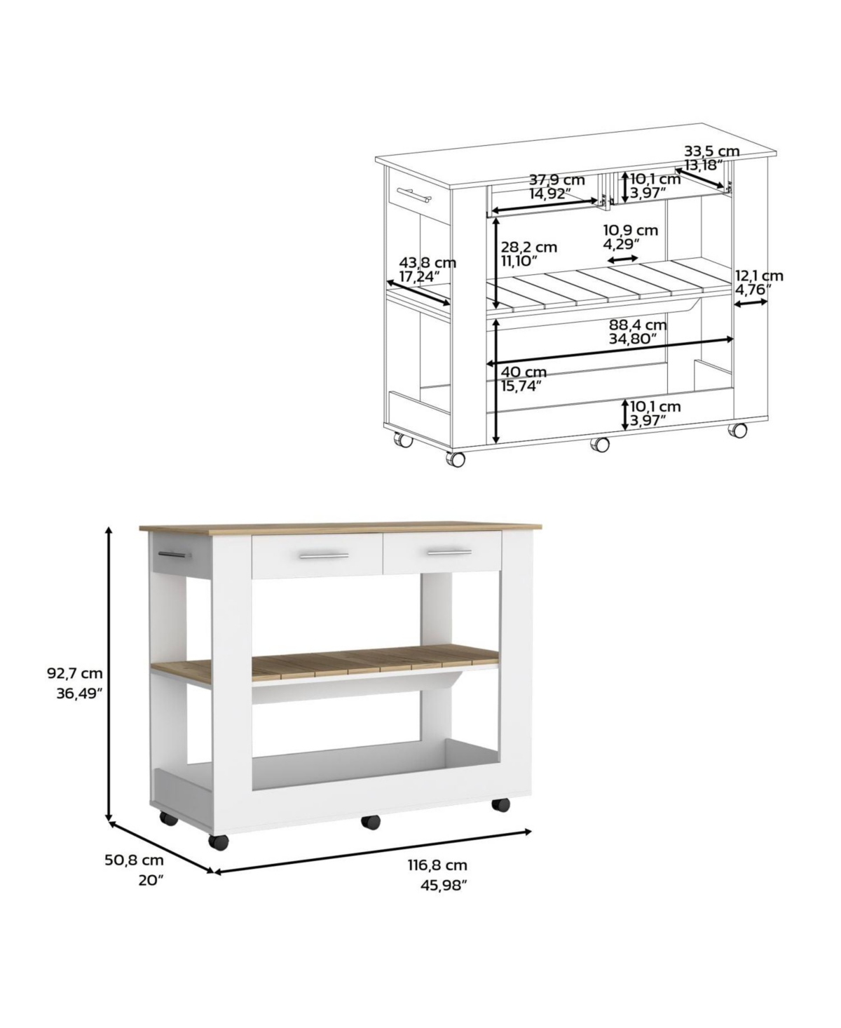 Depot E-Shop Delos Kitchen Island H, Six Casters, Two Drawers, Two Open Storage Shelves, Towel Hanger -/ light oak