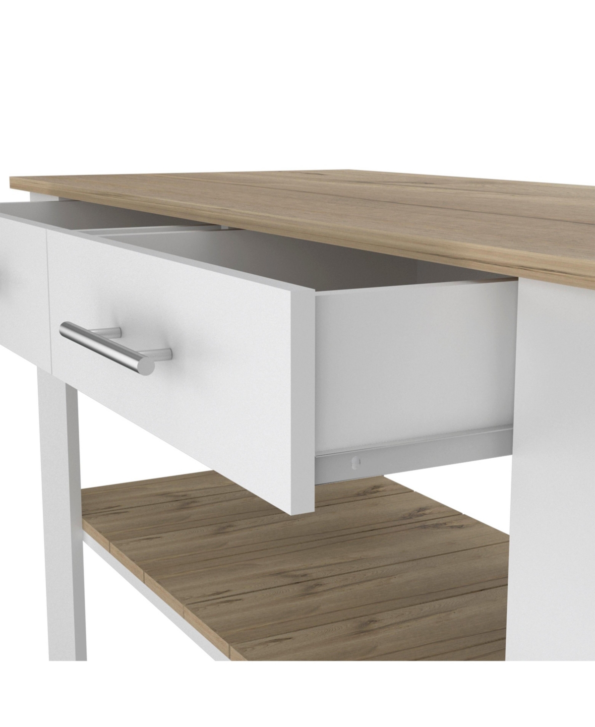 Depot E-Shop Delos Kitchen Island H, Six Casters, Two Drawers, Two Open Storage Shelves, Towel Hanger -/ light oak