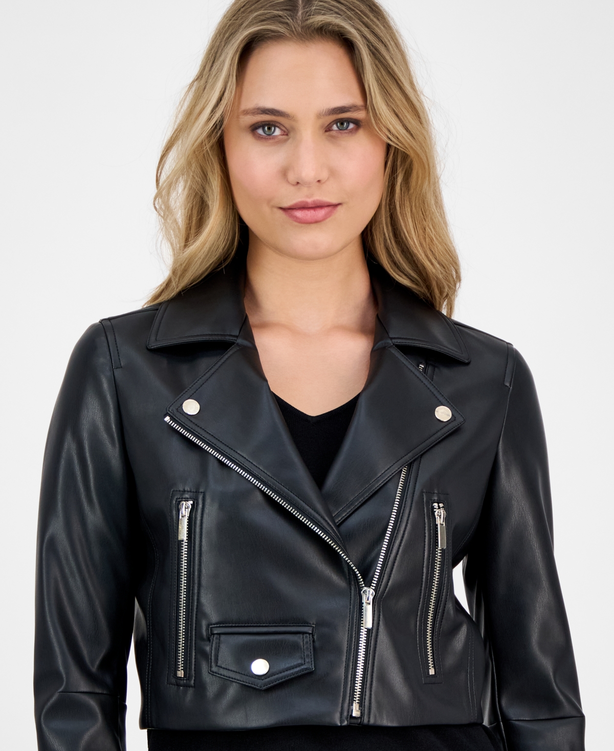 Shop Anne Klein Women's Faux Leather Cropped Moto Jacket In Anne Black