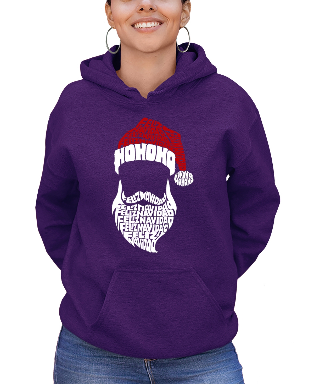 La Pop Art Women's Feliz Navidad Santa Claus Word Art Hooded Sweatshirt In Purple