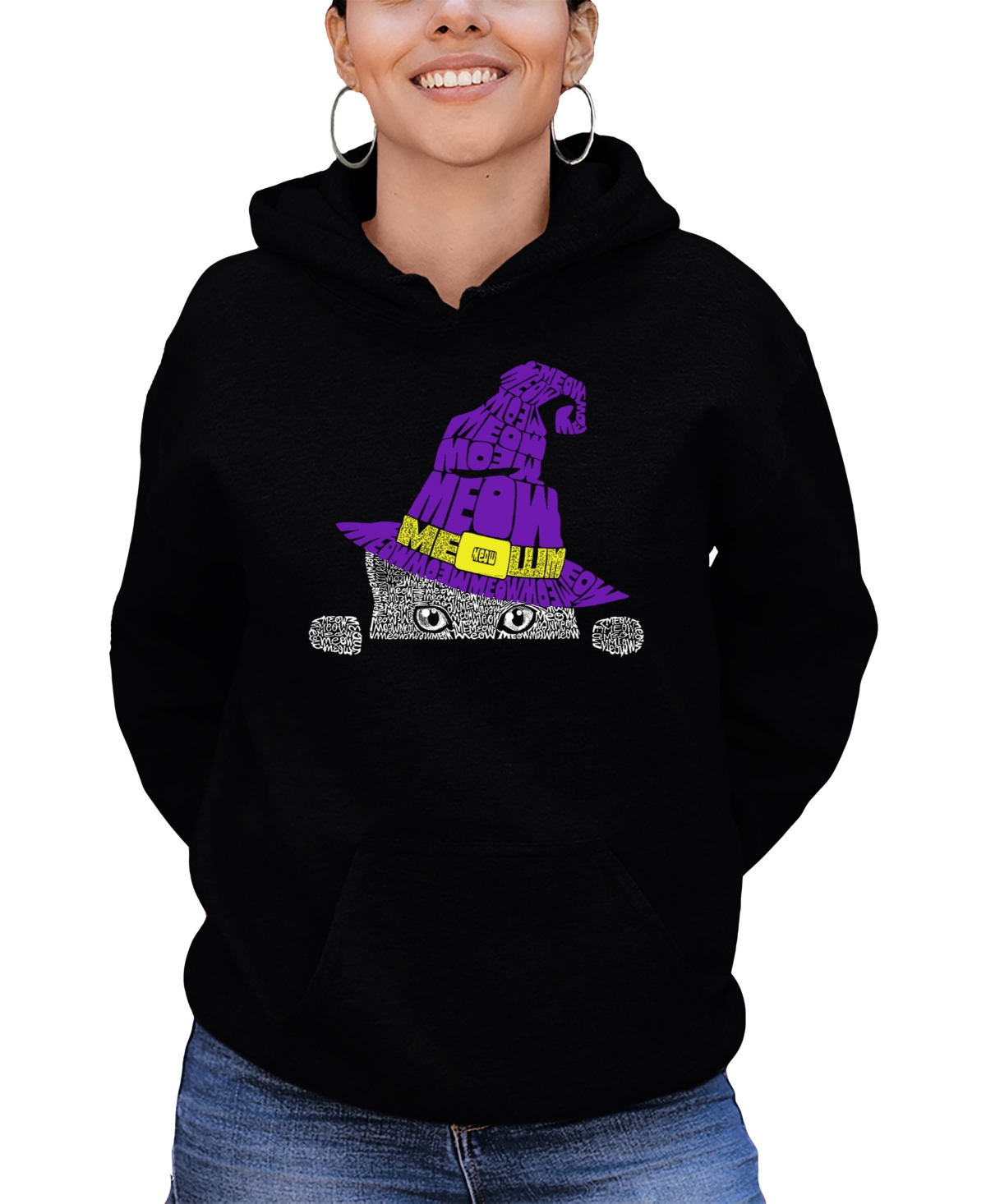 LA POP ART WOMEN'S PEEKING WITCH CAT WORD ART HOODED SWEATSHIRT 