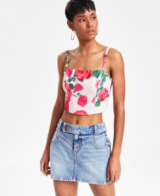 GUESS - Women's Raissa Floral Smocked-Back Bustier Top
