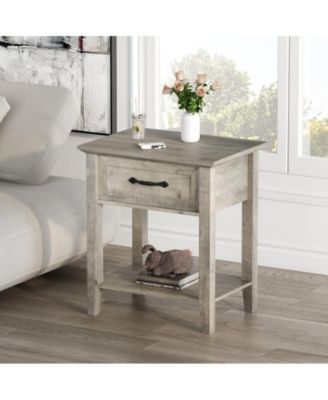 Grey Nightstands Set of 2, End Table with Drawer, Side Table for Spaces, 2 Tiers Storage Shelves with Dresser, Bedside Table for Living Room, Bedroom, Dorm (2pcs-Grey)