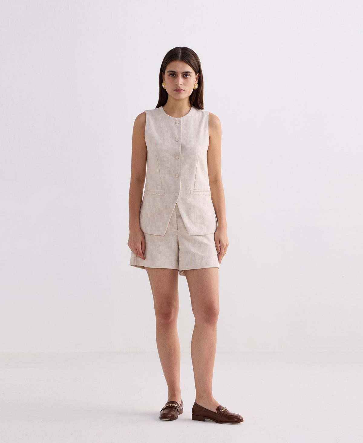 Women's Cotton Tweed Vest Jacket Set in Cream - Steel breeze