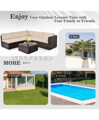 6PCS Patio Rattan Furniture Set Cushioned Sofa Coffee Table Garden