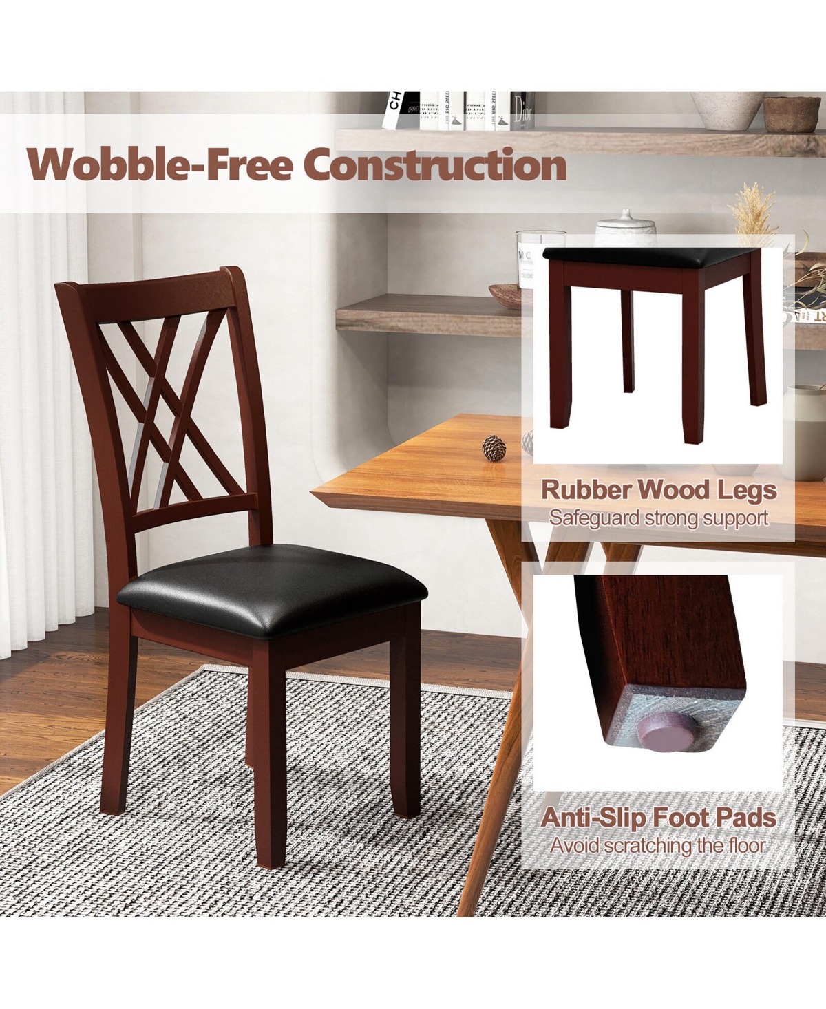 Gymax Set of 2 Dining Chair Kitchen Chair with Backrest Padded Seat & Rubber Wood Legs