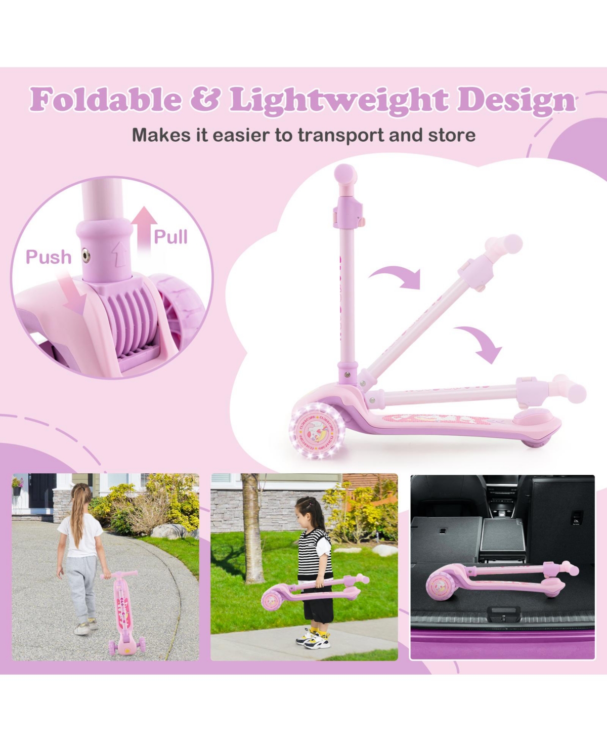 Hongge Folding Kids Scooter with Extra Wide Deck and Led Lighted Pu Wheels- Purple