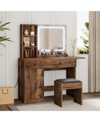 Brown Vanity Desk with LED Lighted Mirror & Power Outlet, Makeup Vanity with Drawers & Cabinet & Chair