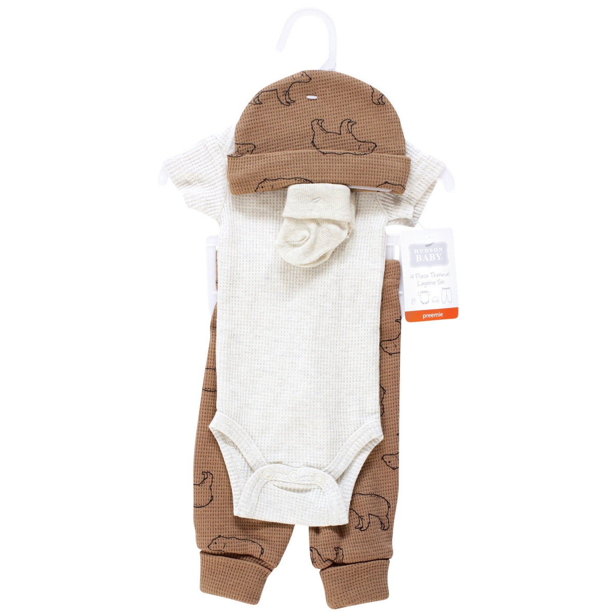Hudson Baby Boys Thermal Preemie Layette Set 4pc Short Sleeve Outfit, Preemie - Bear