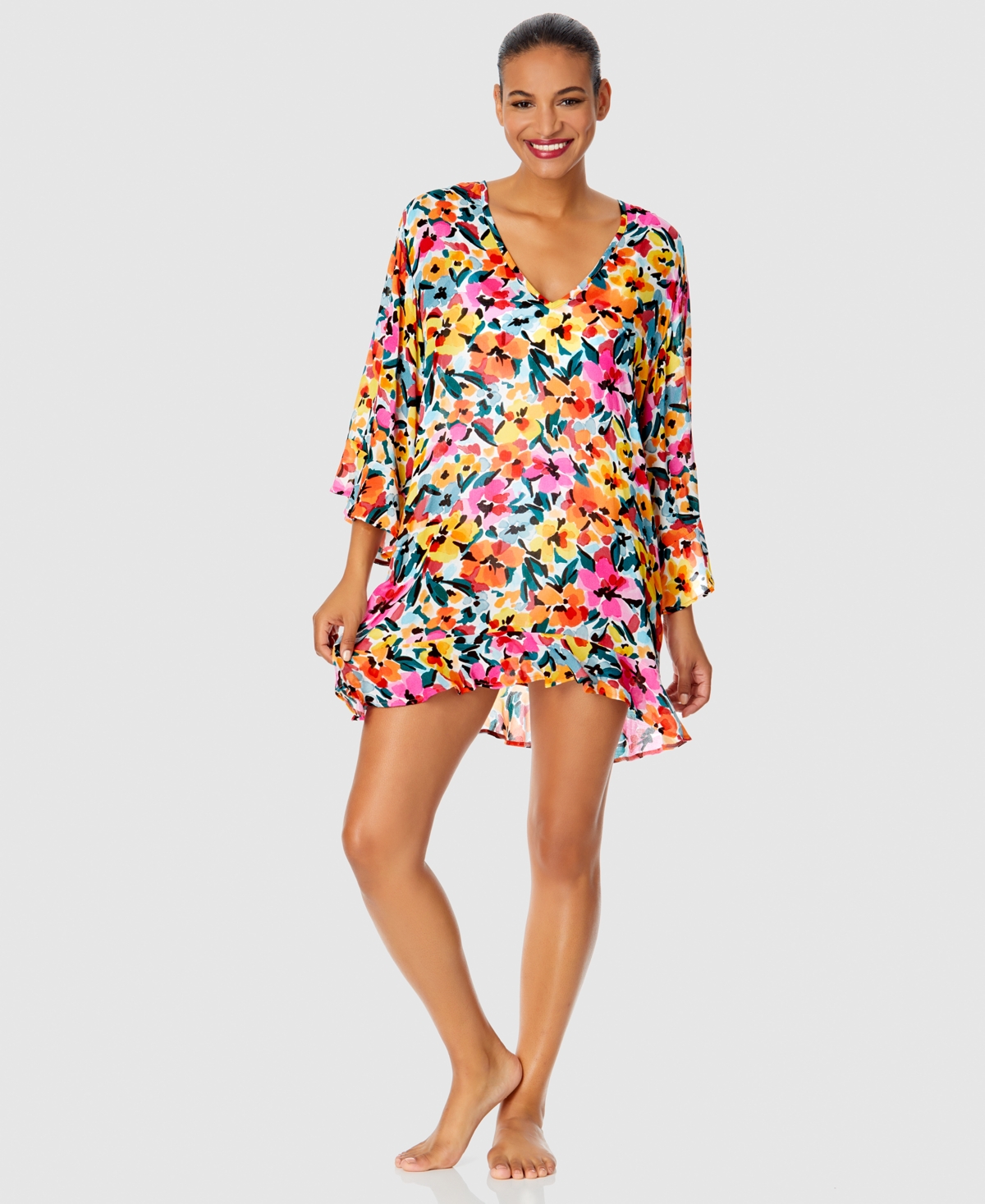 Anne Cole Gradient Floral Flounce V Neck Tunic Swimsuit Cover Up In Multi