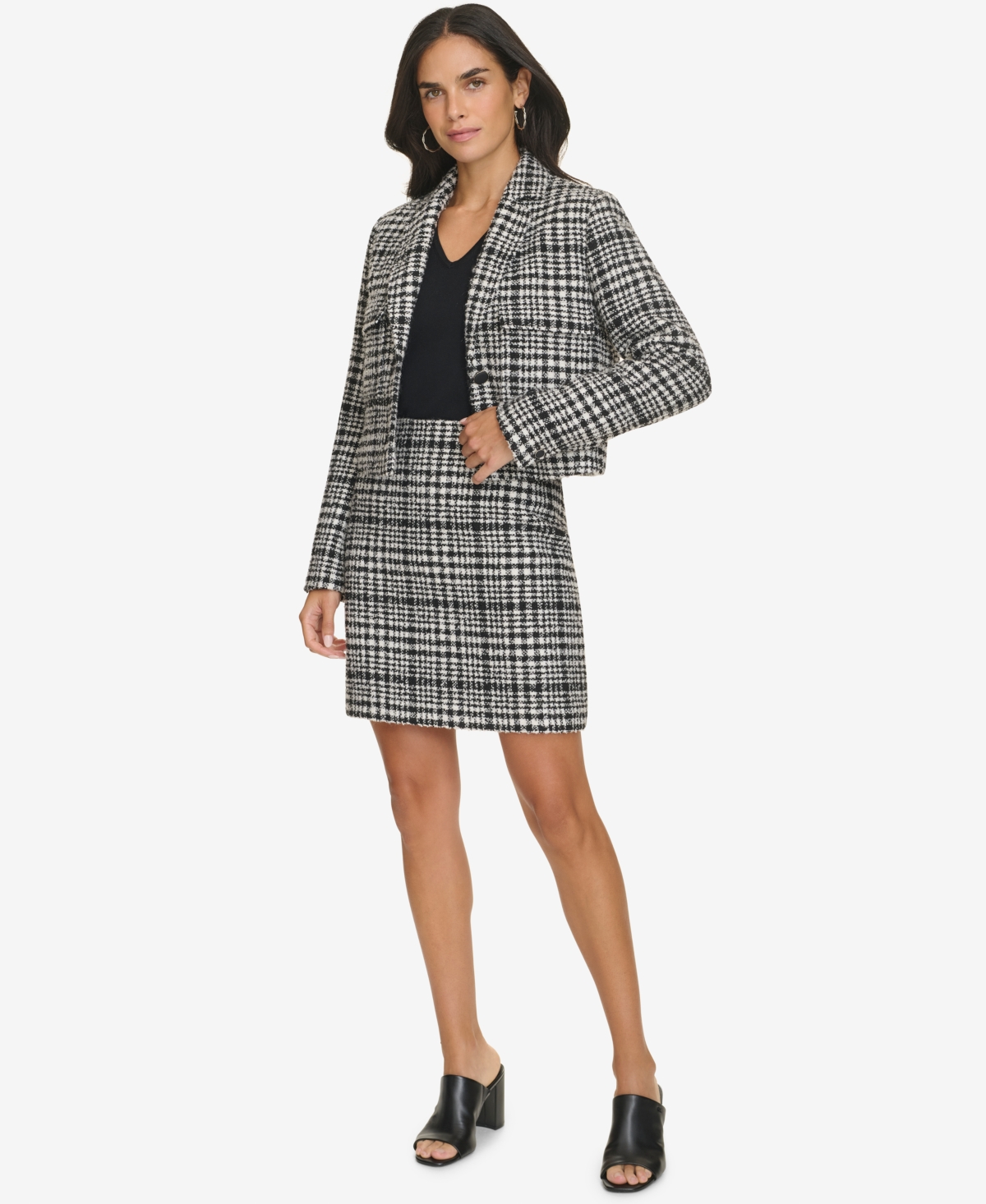 Calvin Klein Women's Plaid Tweed Cropped Blazer -cream
