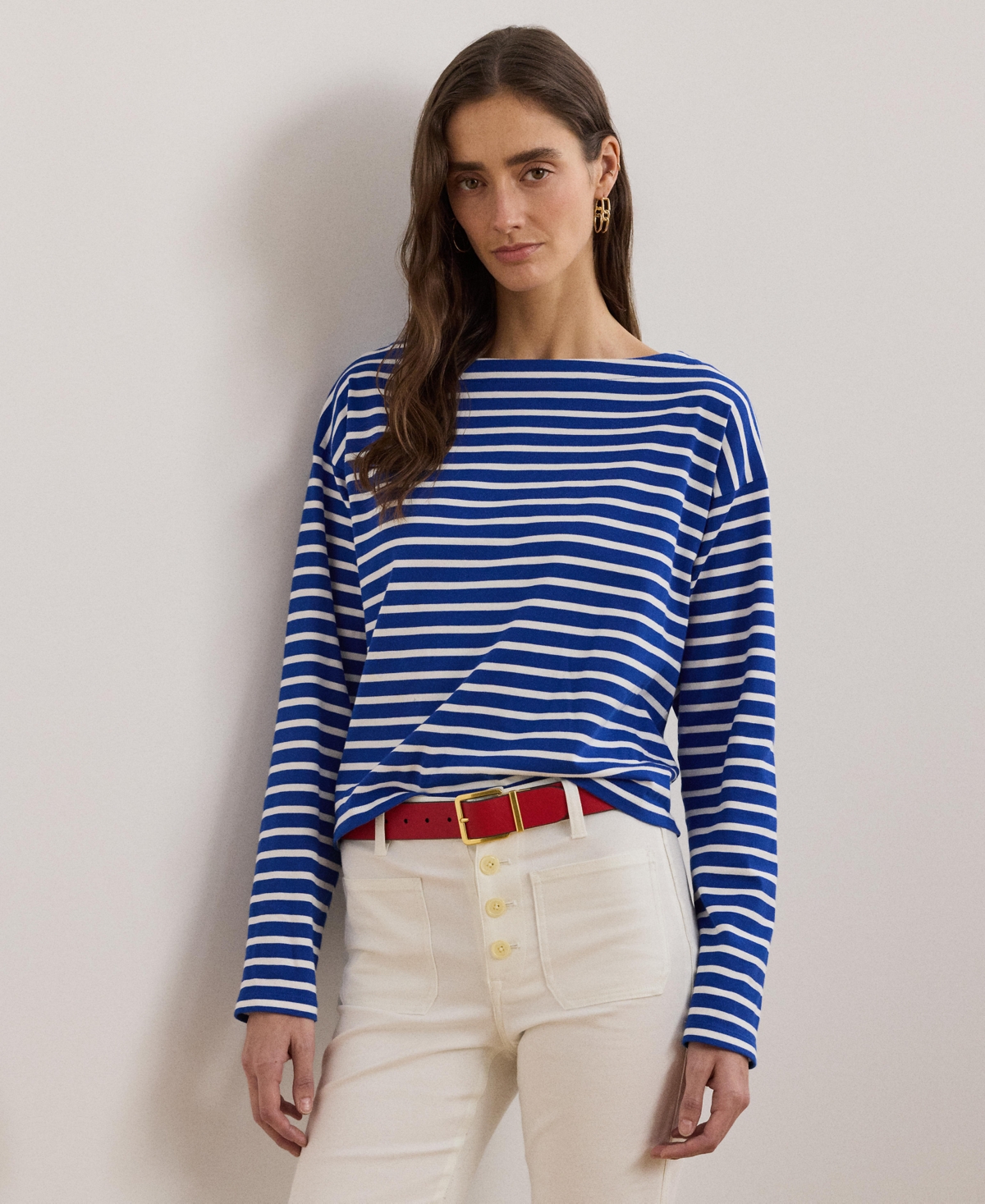 Ralph Lauren Striped Cotton Jersey Boatneck Top In New Sapphire,white