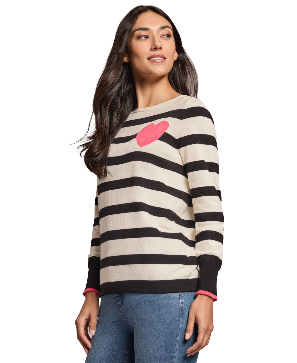 Shop Jones New York Petite Intarsia Heart Striped Sweater In Natural