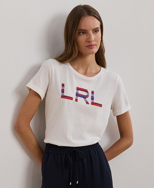 alfani Lauren Ralph Lauren Women's Beaded-Logo Cotton Jersey Tee Women's Fashion Shoes & Accessories