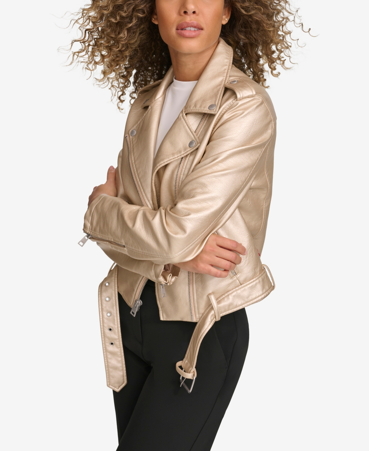 Levi's Women's Faux-leather Belted Hem Moto Jacket In Frosted Gold