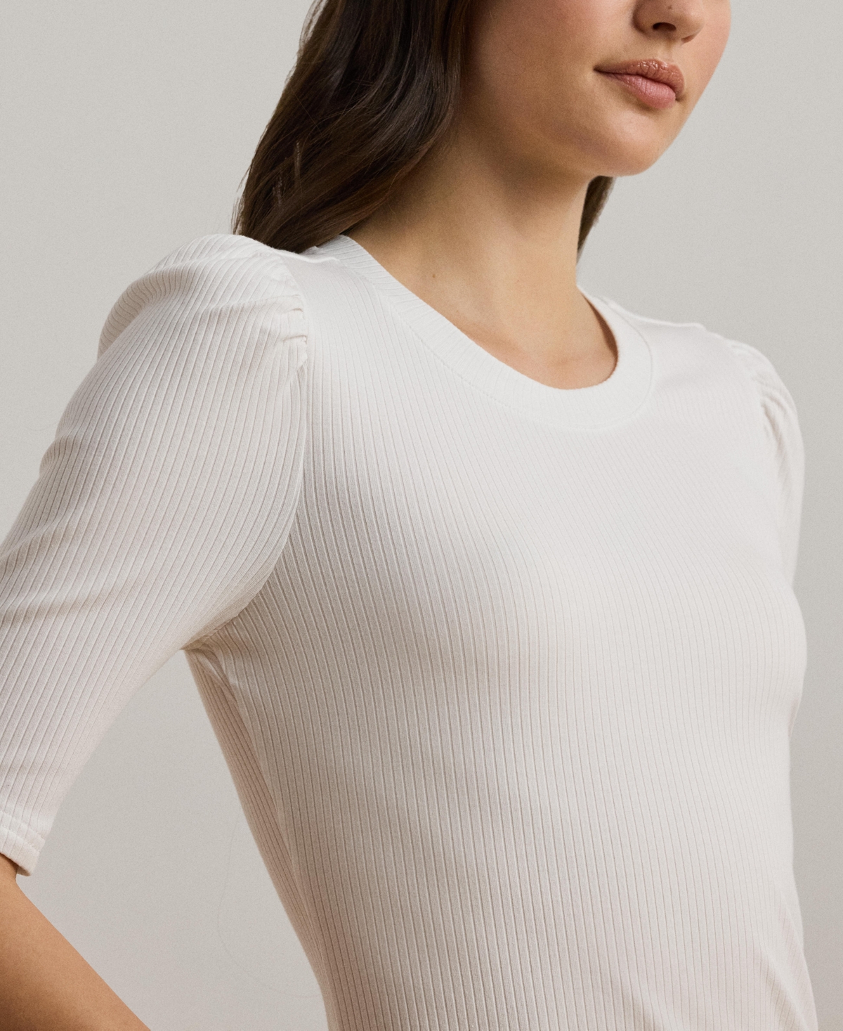 Lauren Ralph Lauren Women's Cotton-Blend Rib-Knit Puff-Sleeve Tee