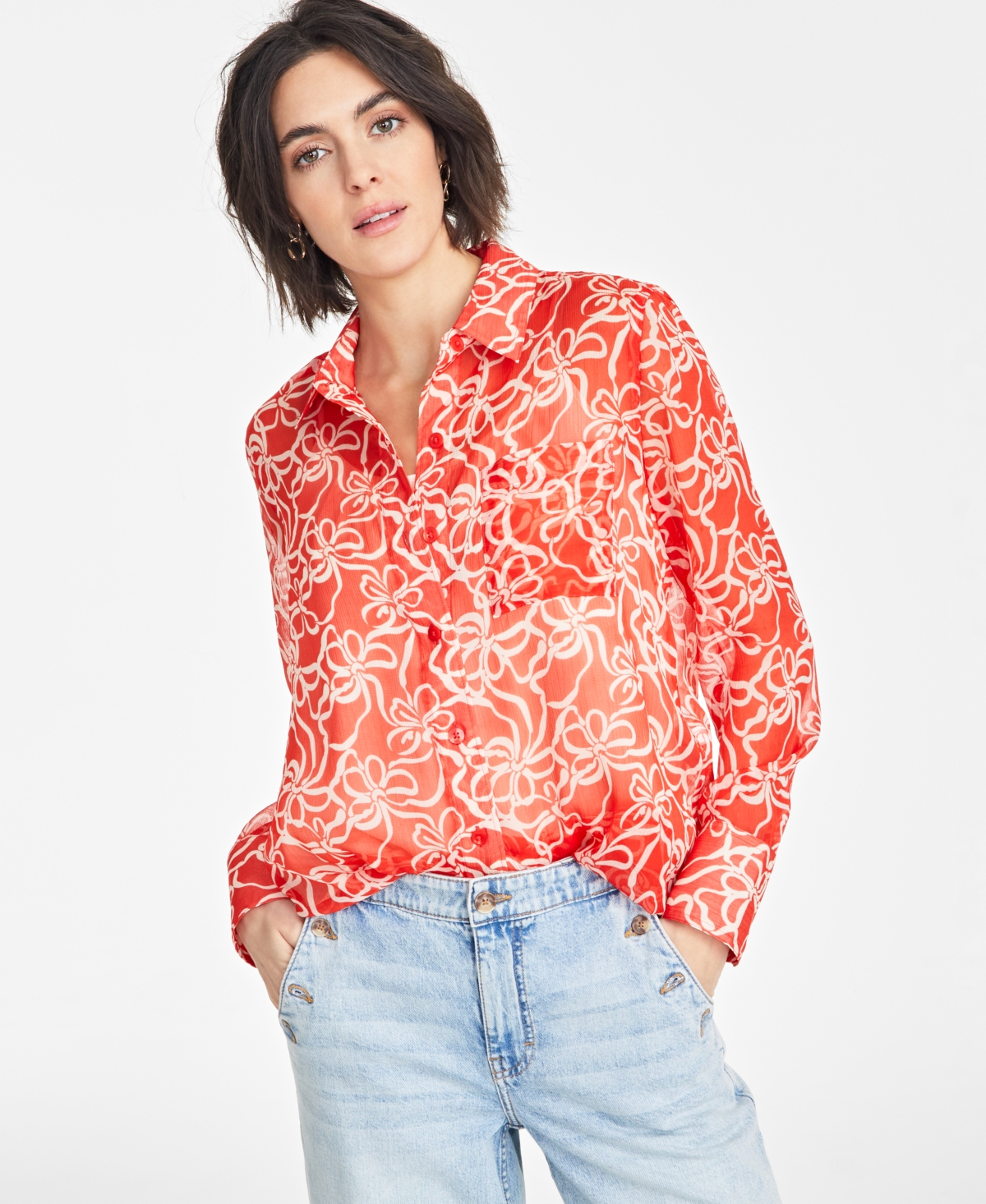 ON 34TH WOMEN'S TEXTURED RELAXED BUTTON FRONT BLOUSE, EXCLUSIVELY AT MACY'S 