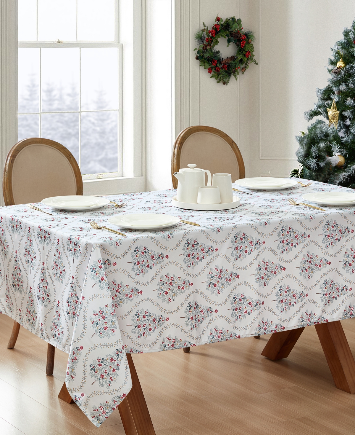 Laura Ashley Easy Care Holiday Tablecloth, 60" X 84" In Tree Trellis