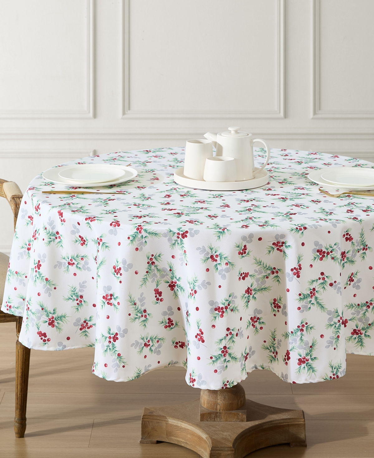 Laura Ashley Easy Care Holiday Tablecloth, 70" Round In Holly Berry