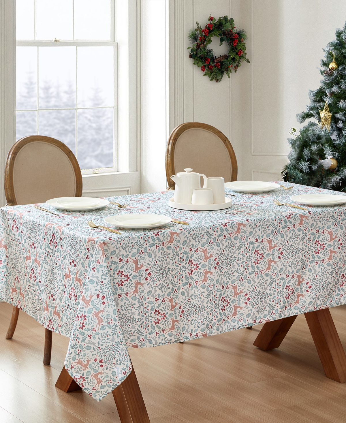 Laura Ashley Easy Care Holiday Tablecloth, 60" X 84" In Reindeer Prance