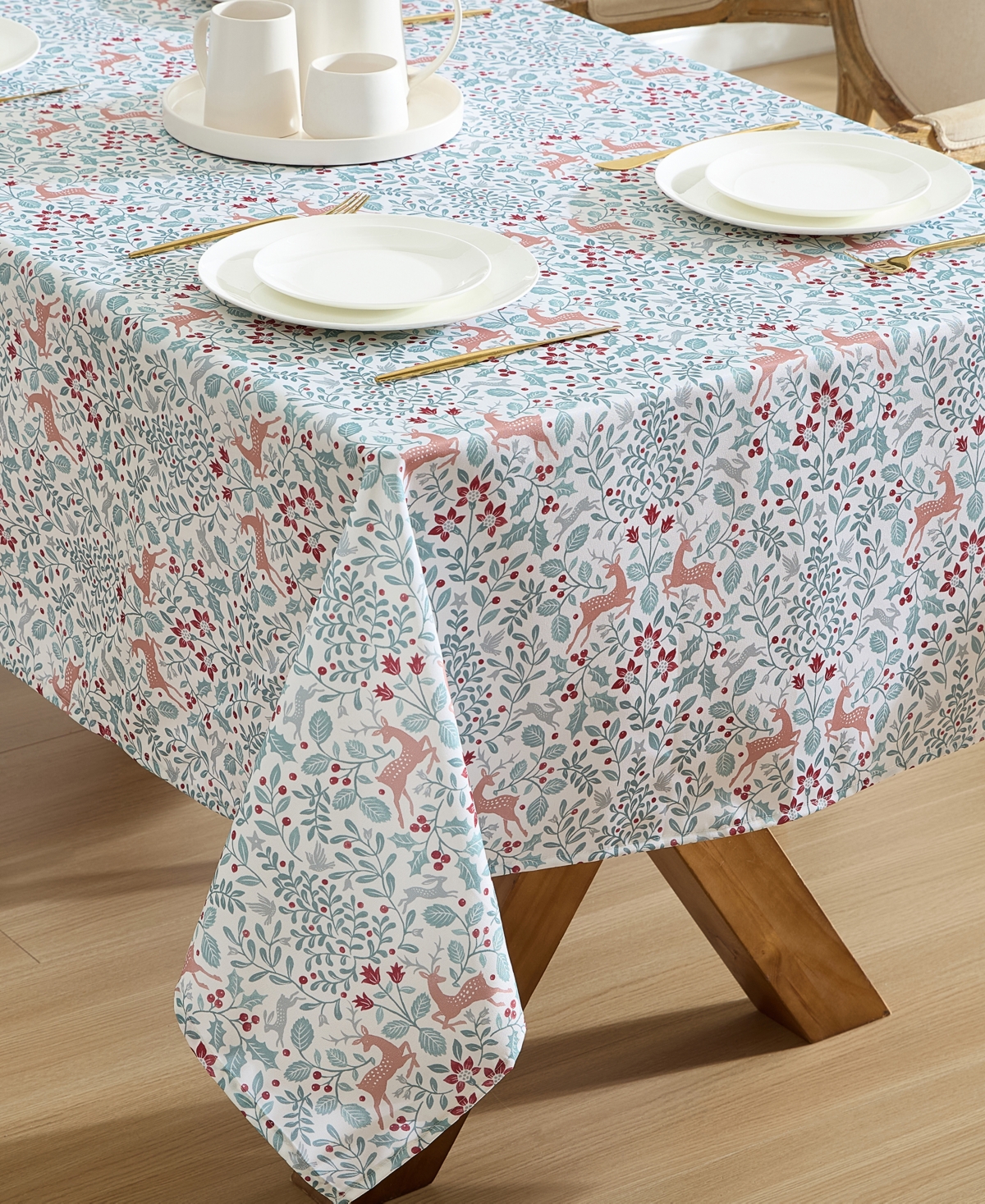 Laura Ashley Easy Care Holiday Tablecloth, 60" X 84" In Reindeer Prance