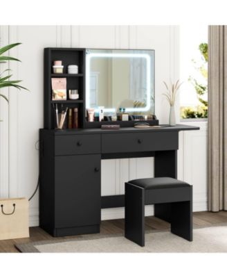 Black Vanity Desk with LED Lighted Mirror & Power Outlet, Makeup Vanity with Drawers & Cabinet & Chair