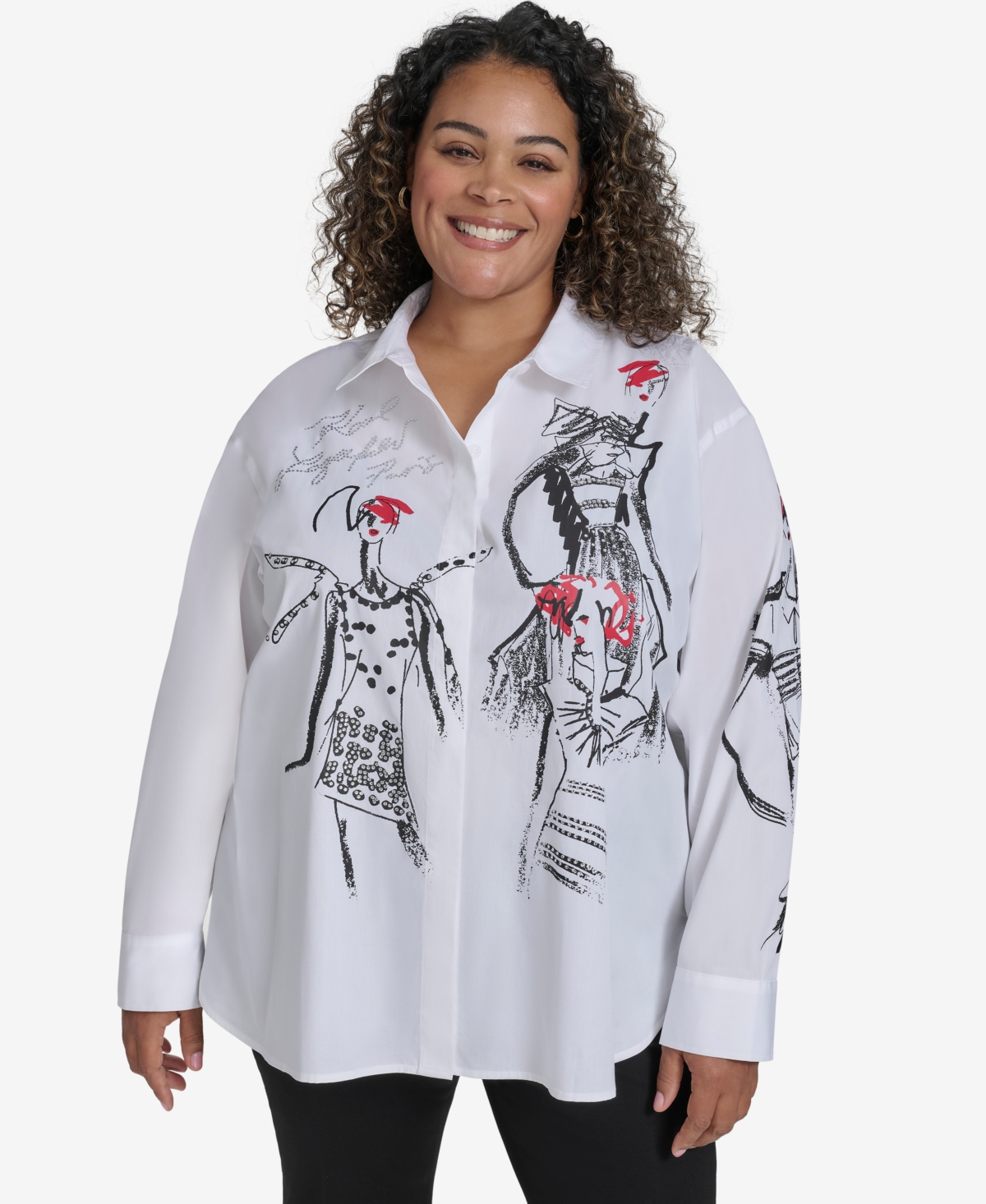 KARL LAGERFELD PLUS SIZE SKETCH GIRL EMBELLISHED PRINTED COTTON BUTTON-FRONT SHIRT, EXCLUSIVELY AT MACY'S 