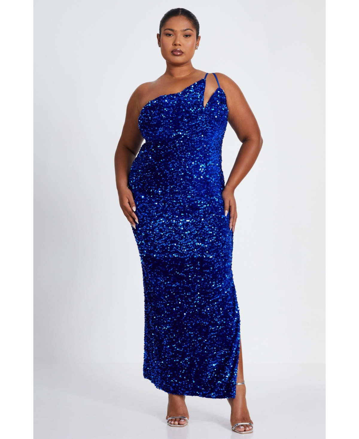 Plus Size One Shoulder Cut Out Sequin Maxi Dress - Royal blue