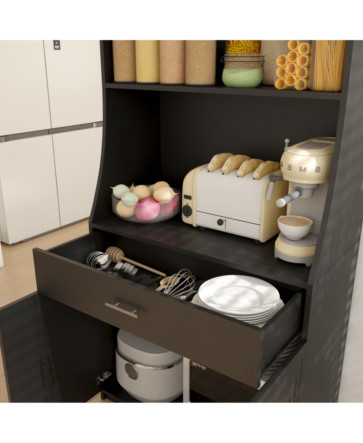 Slickblue Kitchen Storage Cabinet with Charging Station, 2 Outlets, Usb & Type-c Ports, Pantry with 2 Cabinets, Large Drawer & Countertop