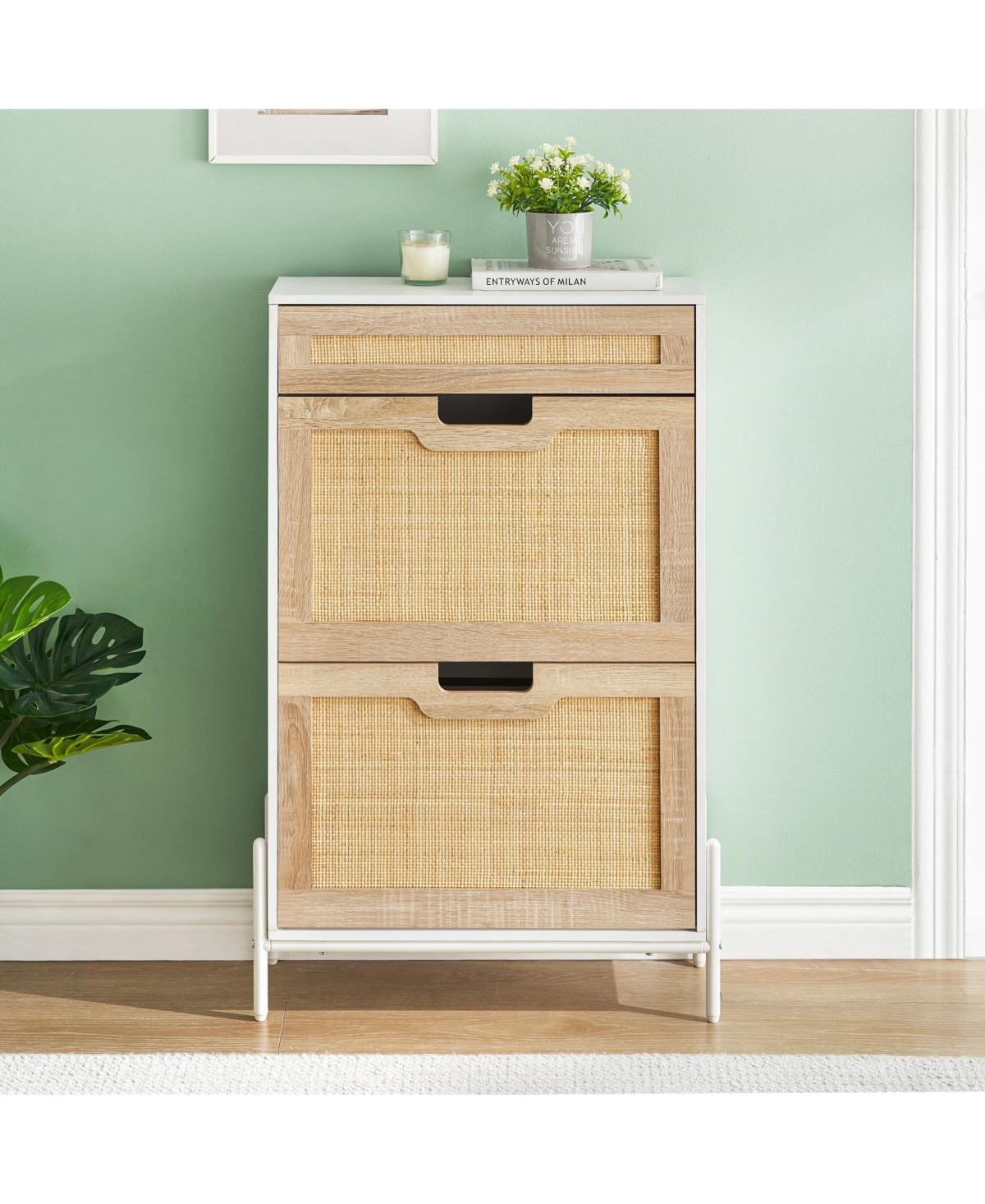 gaomon Natural Rattan 2 Flip Door with 1 Drawer Shoe Cabinet Organizer Freestanding, Modern Shoe Rack Storage Organizer with 3-Tier Adjustable Shelves