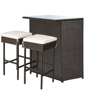 3-piece Rattan Wicker Bar Table Stools Dining Set Cushioned Chairs