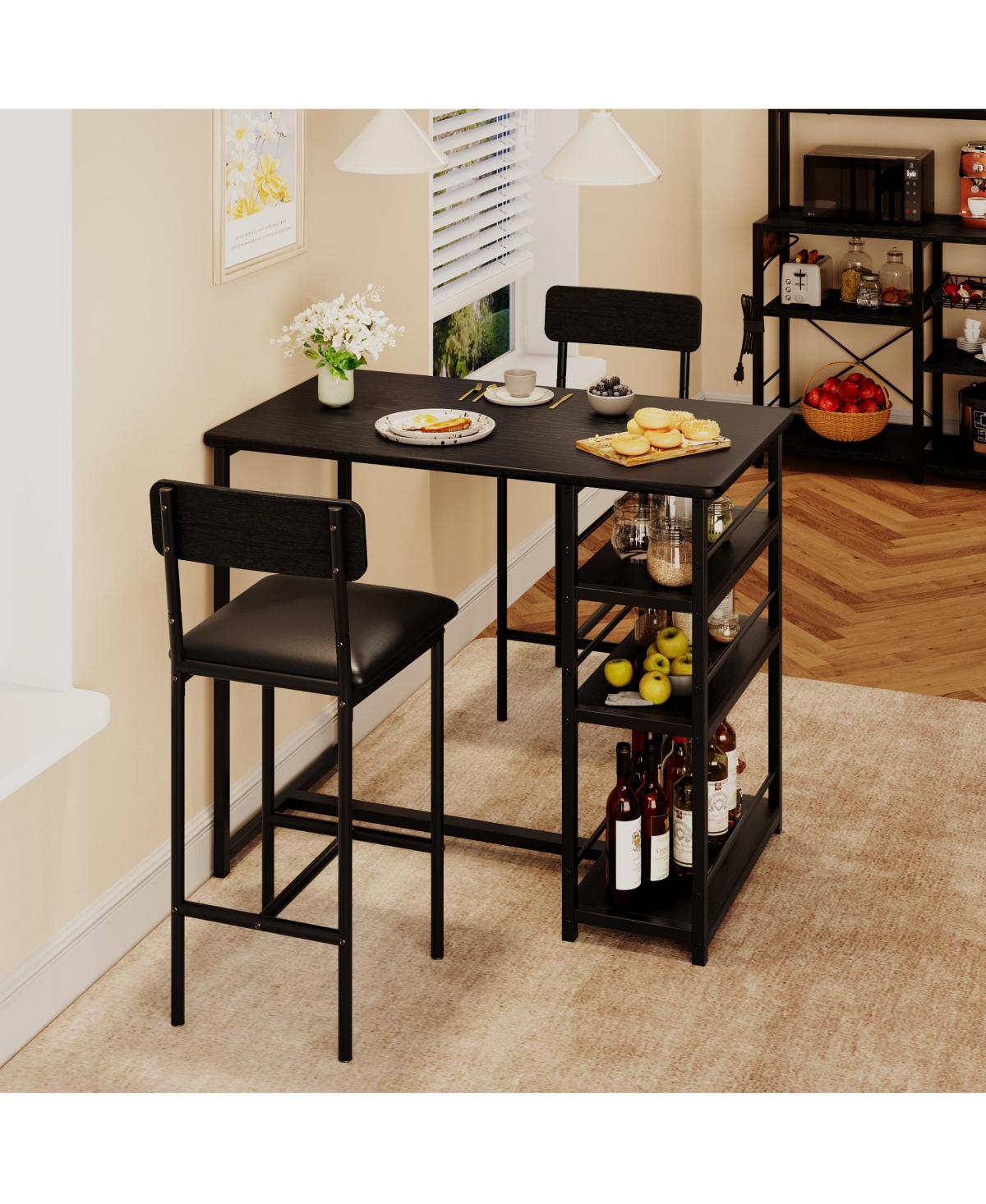 gaomon Dining Table Set for 2, Bar Table and Chairs for 2, Kitchen Table Set with 2 Upholstered Chairs,3 Large Storage Shelves- Black