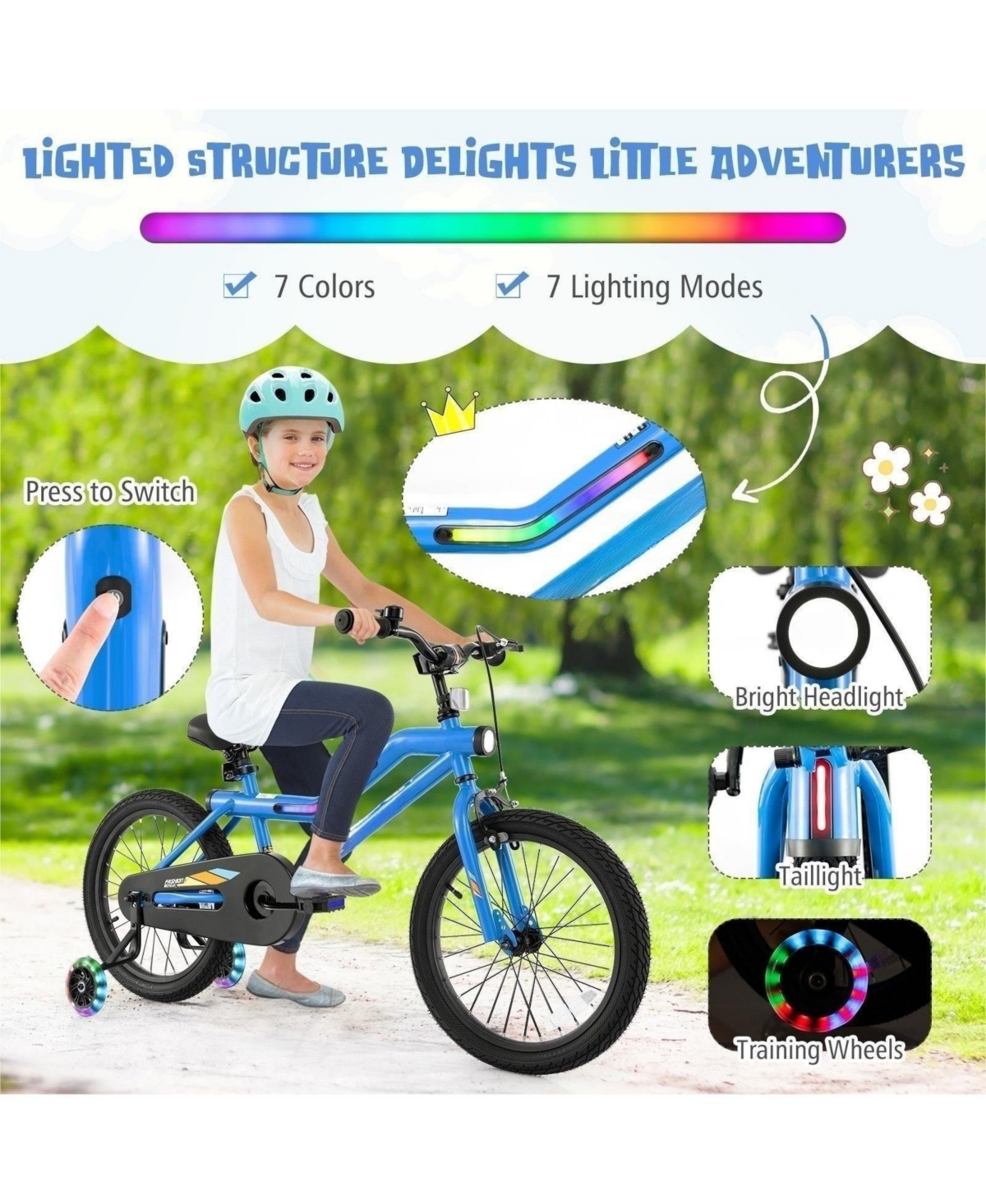 16/18 Inch Kids Bike Led Lighted Adjustable with Training Wheels for 4-8 Years Old Kids