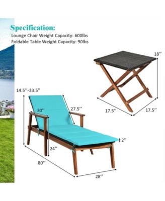 3 Pieces Portable Patio Cushioned Rattan Lounge Chair Set with Folding Table