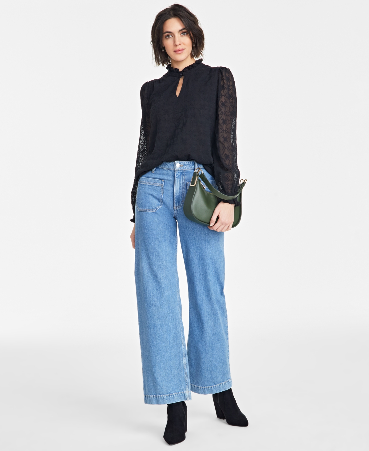 On 34th Women's Embroidered Chiffon Ruffled-neck Top, Exclusively At Macy's In Deep Black