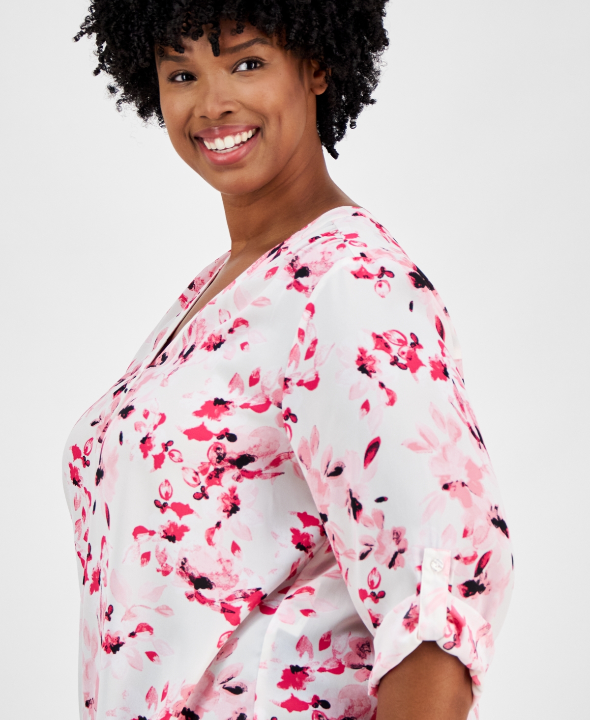 AK ANNE KLEIN PLUS SIZE PRINTED ROLL-TAB-SLEEVE TUNIC 