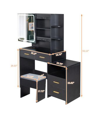 Triamine Veneer Dressing Table Set with Mirror Cabinet 4 Drawers, 1 Storage Cabinet, 2 Shelves, and LED Three-Tone Light for a Modern Vanity Setup
