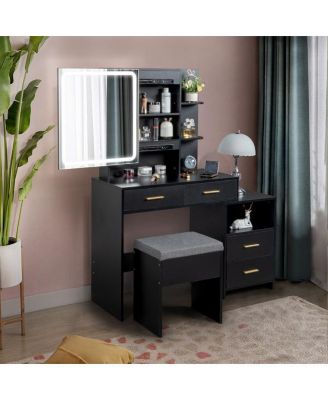 Triamine Veneer Dressing Table Set with Mirror Cabinet 4 Drawers, 1 Storage Cabinet, 2 Shelves, and LED Three-Tone Light for a Modern Vanity Setup