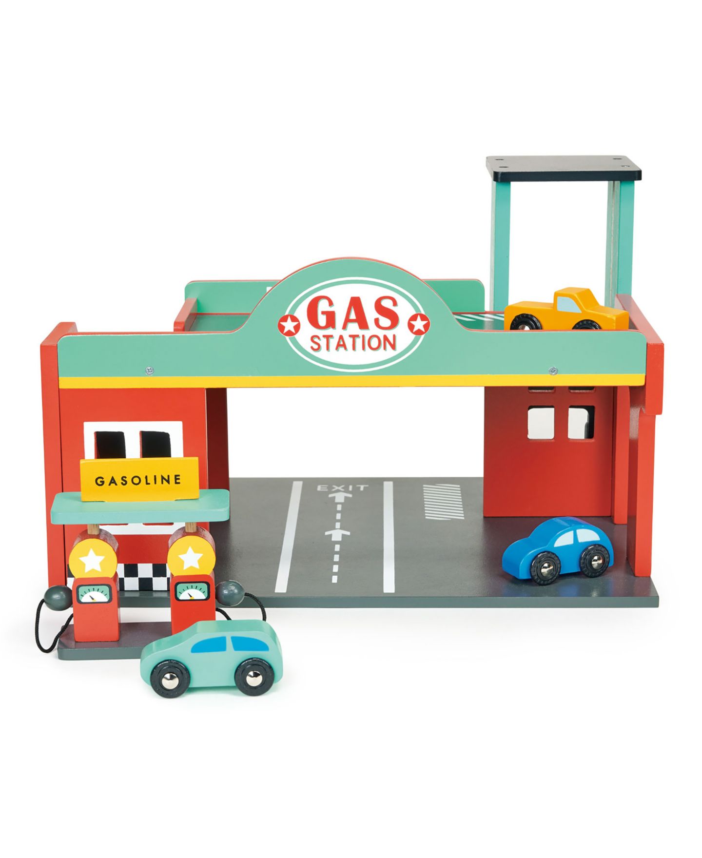 Детский игровой набор Mentari Toys Wooden Gas Station Playset with Car Lift, 7-Piece, Ages 3+ — фото 3